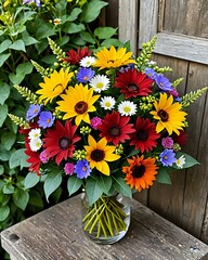Bright multicolored bouquet of garden flowers arranged in clear glass vase placed on rustic wooden bench outdoors. Floral concept
