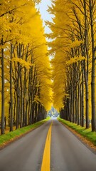 Straight asphalt road leading through symmetrical rows of golden autumn trees under overcast sky. Nature concept
