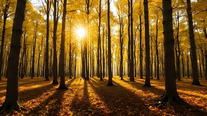 Sunlit autumn forest with tall trees casting long shadows across orange leaf-covered ground in golden hour. Nature concept
