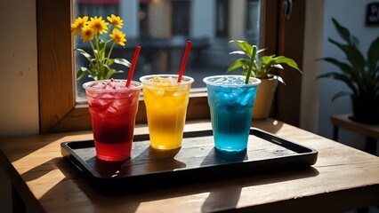 Colorful iced drinks placed on black tray beside café window with decorative plants and warm daylight. Food and drink concept
