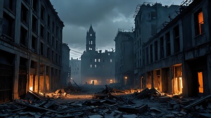Destroyed city street filled with debris and damaged buildings glowing with firelight at nightfall. War concept
