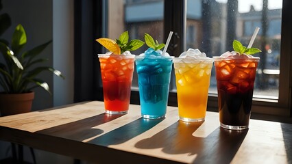 Colorful iced beverages in tall plastic cups placed on wooden table by sunlit café window. Food and drink concept
