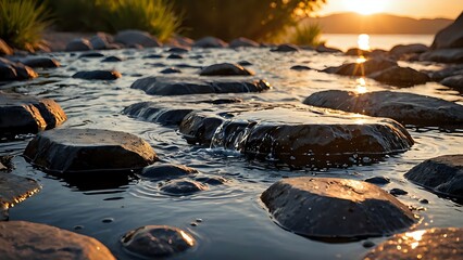 Rocky stream with gentle flowing water under golden sunset beside calm lake and glowing reflections. Nature concept
