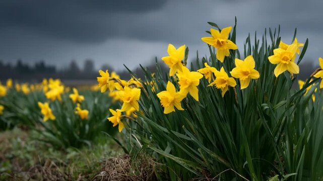A vibrant field of yellow daffodils stands out dramatically against a backdrop of darkening skies, portraying resilience and beauty amid the unpredictability of nature.