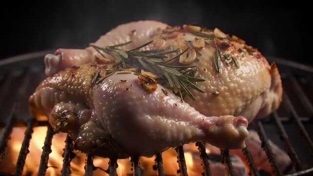 Crispy Roasted Chicken Being Grilled with Rosemary and Garlic