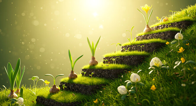 Conceptual illustration of a plant's life cycle stages, symbolizing growth, progress, and development