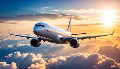 Obraz premium Modern Passenger Aircraft Soaring Above Clouds During a Golden Hour Sunset