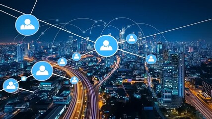 A vibrant cityscape at night showcasing urban connectivity with digital networking icons overlay - Powered by Adobe