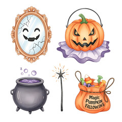 Magical Halloween night with spooky mirror, pumpkin, cauldron, wand, and treats galore