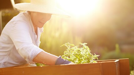 A gardener in a sunhat carefully tends to potted plants in a wooden planter box, surrounded by warm sunlight filtering through greenhouse glass.