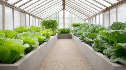 Modern indoor greenhouse with lush green leafy vegetables growing in organized beds under glass roof for sustainable farming and fresh produce
