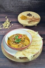 Lamb curry with bread roti jala, indonesian food