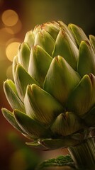 Fototapeta premium Close-up of a fresh green artichoke vegetable with detailed textured leaves and vibrant colors on a blurred natural background