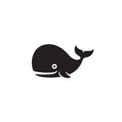 Simple black silhouette of a friendly cartoon whale with a white eye and a curved tail against a clean white background