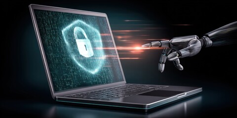Advanced robotic arm cybersecurity breach hacking data theft from futuristic laptop with digital padlock security interface