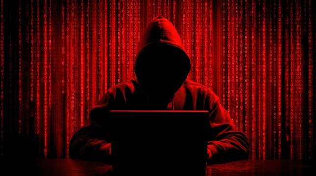 Mysterious Hooded Hacker Working on Laptop in Dark Room with Red Digital Code Background for Cybersecurity and Cybercrime Concept