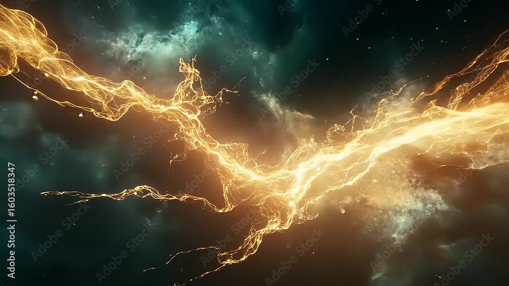 Wall mural dynamic burst of golden lightning illuminating a cosmic nebula, creating a vibrant celestial scene
