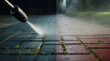 High-Pressure Water Jet Cleaning Removing Dirt and Moss from Brick Pavement Surface for Effective Maintenance and Restoration