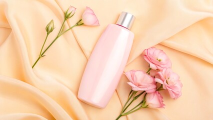 Elegant Pink Bottle and Flowers on Silky Fabric