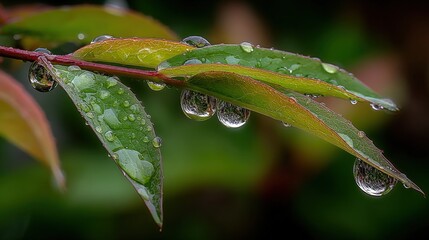Close-up of fresh green leaves with water droplets on a natural branch in a vibrant outdoor garden scene showcasing nature and moisture details