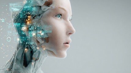 Futuristic science fiction portrait of a young woman with digital technology elements integrated into her face and head on a light gray background