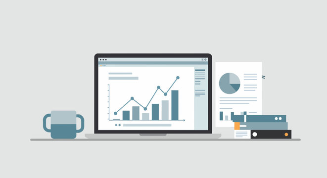 Business analysis, data charts, laptop, documents, coffee