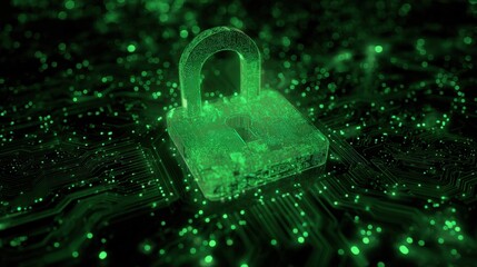 Digital Security Concept Featu Glowing Green Padlock Over Circuit Board Background Symbolizing Cybersecurity Protection and Data Privacy