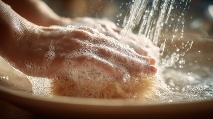 Fototapeta premium Close-up of Hands Washing with Soap and Water Creating Bubbles and Foam for Cleanliness and Hygiene in the Bathroom or Kitchen