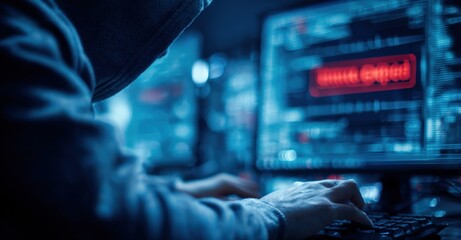 Person working on a computer with multiple screens displaying code and cyber attack warning signs in a dark tech-focused environment