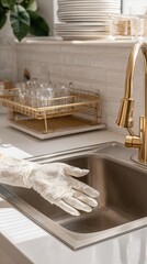 Modern kitchen sink with brass faucet and hand wea protective glove cleaning, white brick wall background, dishware and glassware