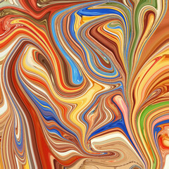 Vivid abstract swirl pattern in warm earthy tones with splashes of blue and green, perfect for modern art decor, background design, or digital art textures.