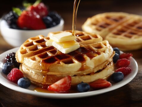 Delicious golden brown waffles topped with butter syrup and served with fresh mixed berries on a white plate in a cozy breakfast setting