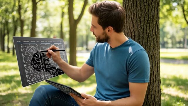Man sketches app interface wireframes on tablet in vibrant park setting, conceptual design process