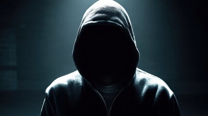 Mysterious hooded figure with face obscured in darkness creating an enigmatic and suspenseful atmosphere in low light setting