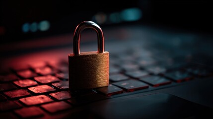 Close-up of a golden padlock placed on a black computer keyboard with red backlit keys symbolizing cybersecurity and data protection in digital security