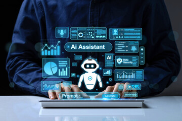 Man using artificial intelligence (AI) technology for enhanced work efficiency, data analysis, and...
