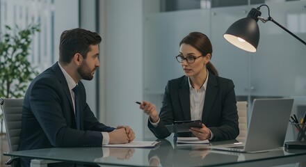 A female manager giving constructive feedback to a male employee across a glass desk in a minimalist private office, soft lighting, DSLR 50mm lens, focus on their expressions, background slightly blur