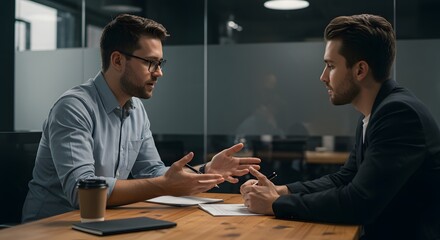 Young team leader discussing performance goals with junior employee in a private, softly lit tech office, seated at wooden table, shot with 85mm lens, sharp focus on body language and hands.