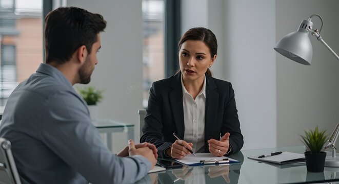 A female manager giving constructive feedback to a male employee across a glass desk in a minimalist private office, soft lighting, DSLR 50mm lens, focus on their expressions, background slightly blur
