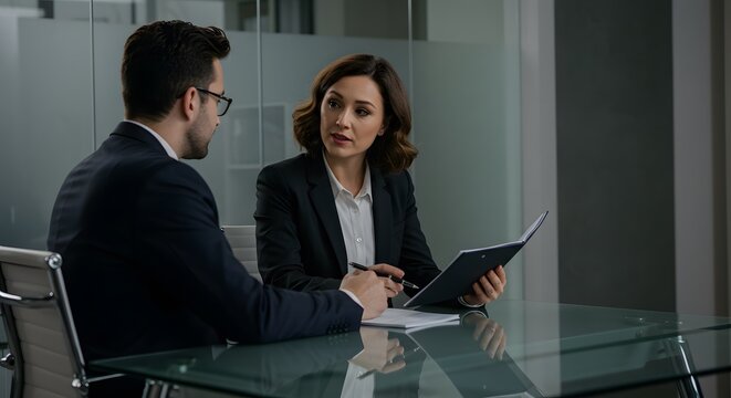 A female manager giving constructive feedback to a male employee across a glass desk in a minimalist private office, soft lighting, DSLR 50mm lens, focus on their expressions, background slightly blur