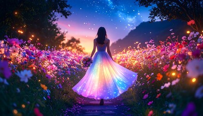 A woman in a luminous gown walks a path through vibrant flowers at night