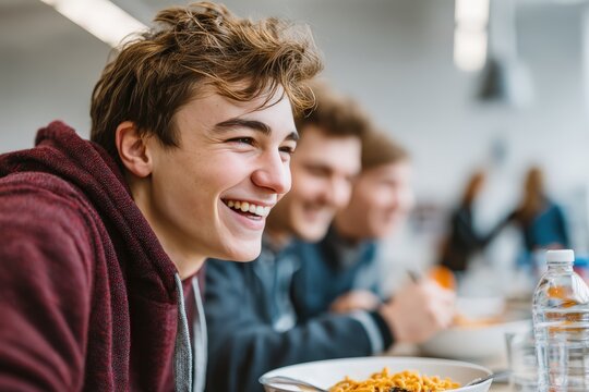 Happy teenage boys enjoying lunch together in a school cafeteria, sharing a joyful moment of friendship and companionship