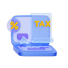 3D icon of a laptop with a tax receipt and percentage symbol For e-filing taxes, online tax return, digital tax form, electronic tax submission.