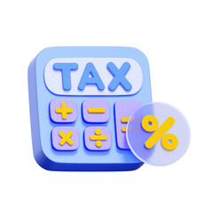 3D icon of a calculator with the word TAX and a percentage symbol For tax calculation, VAT amount, financial computation, tax planning.