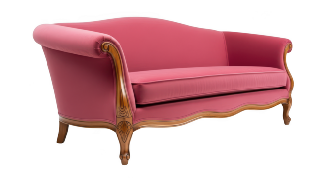 Elegant pink velvet settee isolated on transparent background