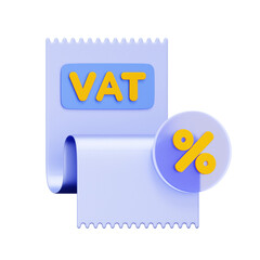 3D icon of a receipt with the word VAT and a percentage coin For value added tax invoice, sales tax receipt, business transaction, financial record.