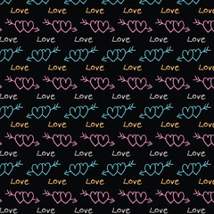 Seamless Neon Love and Heart Pattern on Black Background. Romantic Valentine Design.	
