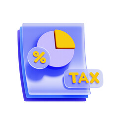 3D icon of a tax document with a pie chart and percentage coin For income tax breakdown, tax data analysis, financial report, budget allocation.