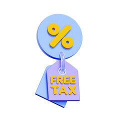 3D icon of a percentage coin with a free tax price tag For duty-free shopping, tax exemption, tax-free goods, VAT exempt promotion.