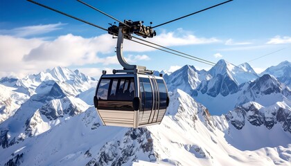 Cable car ascending snowy mountain range